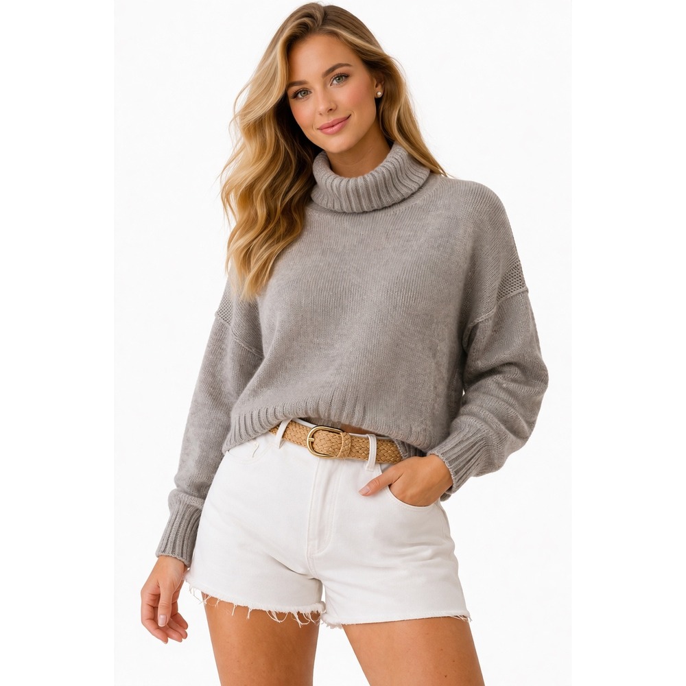 360 Sweater Cowl Turtleneck Women's  M Grey‎ 100% Cashmere Seam Detail Luxury